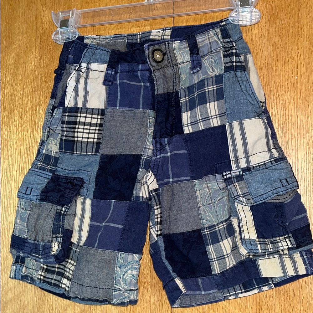 Gap Kids Shorts Size 5 blue plaid cotton poplin patchwork broken in cargo VGUC